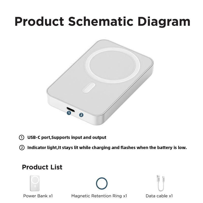 Magnetic Portable Charger 5000Mah, Magsafe-Compatible Wireless Power Bank, USB-C PD 20W Fast Charge, Slim Mini Battery Pack for Iphone 17/16/15/14/13/12, Qi for Android (Ring Included)